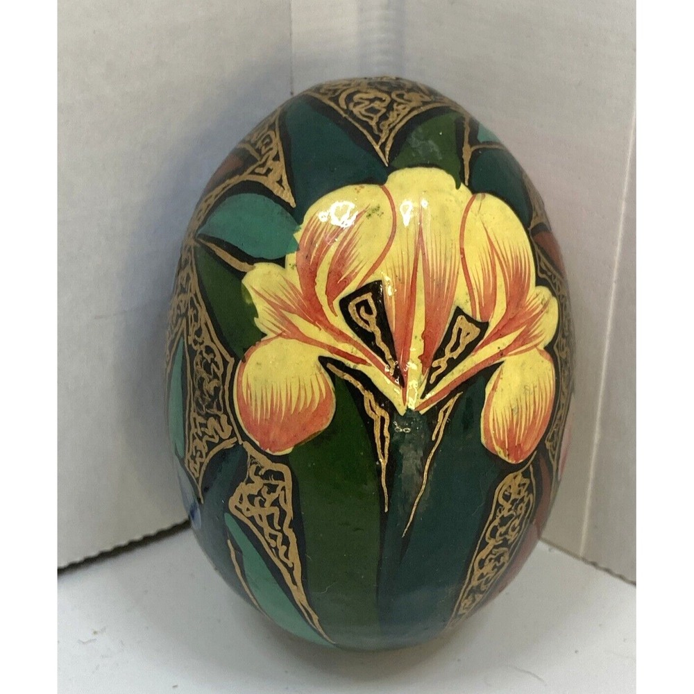 Vintage Folk Art Hand Painted Egg Black Pink Yellow Blue Flowers 2.25"‎